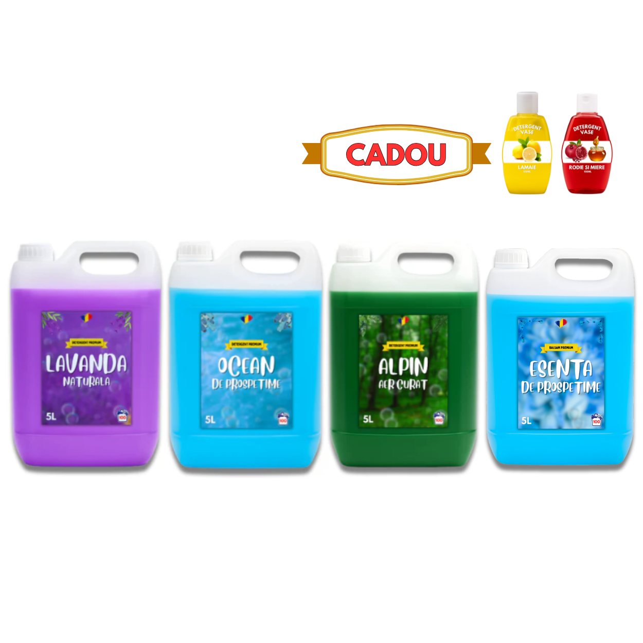 Detergent Lavandă 5L, Ocean 5L, Alpin 5L, Balsam Esență Prospețime 5L + CADOU