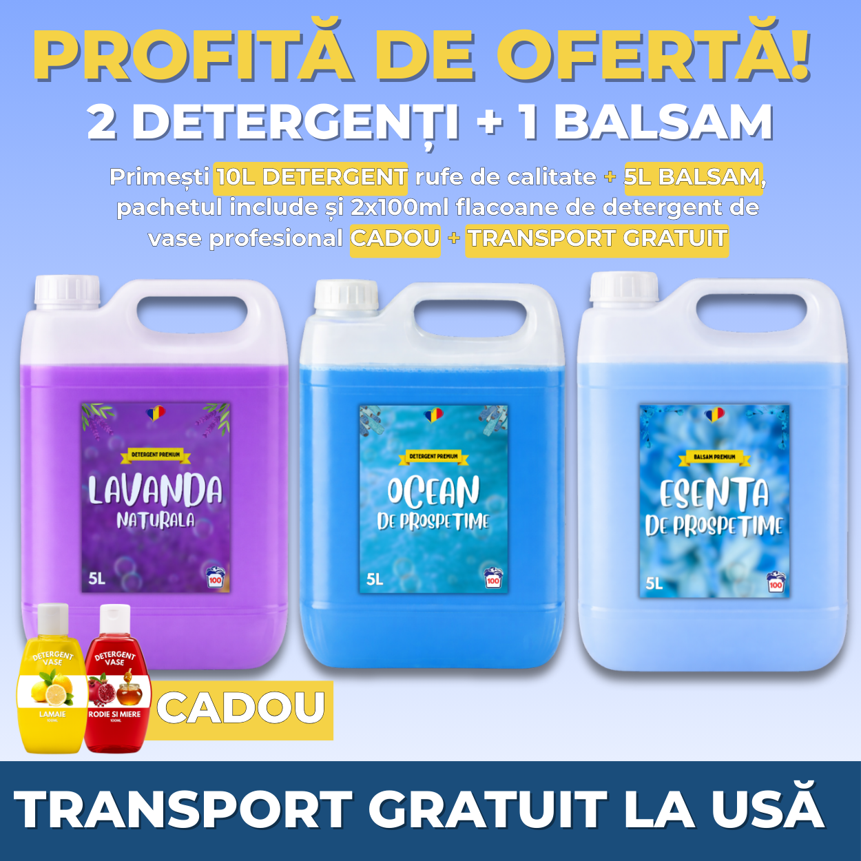 Detergent Lavandă 5L, Ocean 5L, Balsam Esență Prospețime 5L + CADOU