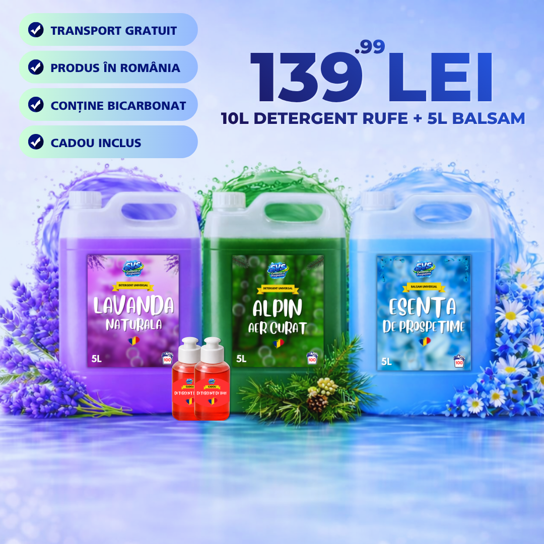 Pachet 15L - Detergent Lavandă 5L, Alpin 5L, Balsam Esență Prospețime 5L + CADOU