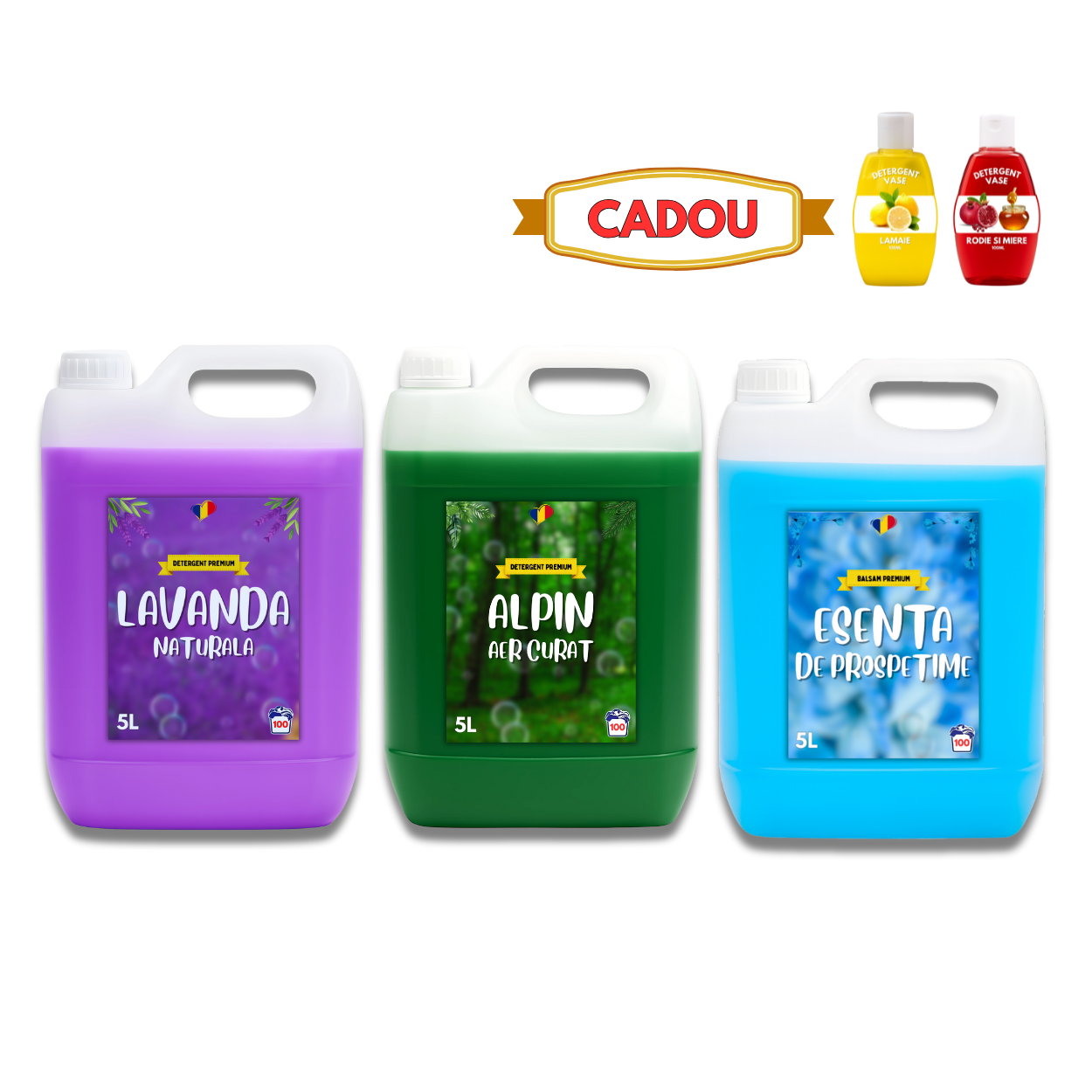 Detergent Lavandă 5L, Alpin 5L, Balsam Esență Prospețime 5L + CADOU