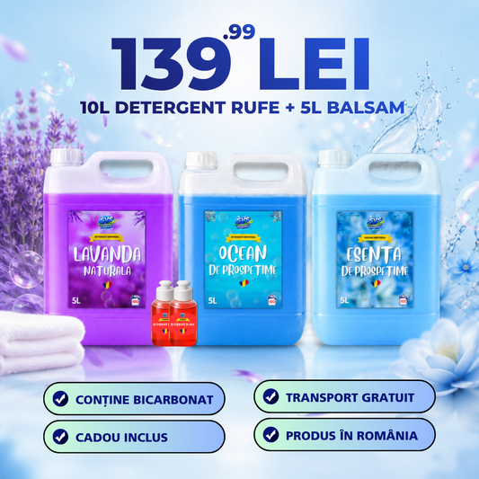 Pachet 15L - Detergent Lavandă 5L, Ocean 5L, Balsam Esență Prospețime 5L + CADOU
