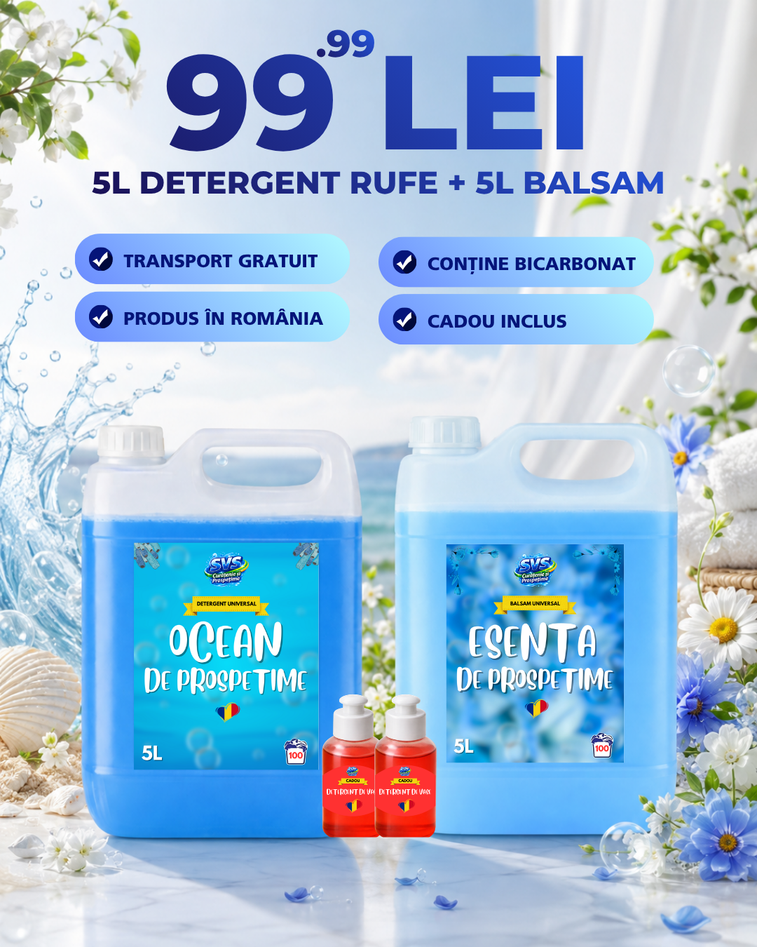 Detergent Ocean 5L, Balsam Esență Prospețime 5L + CADOU