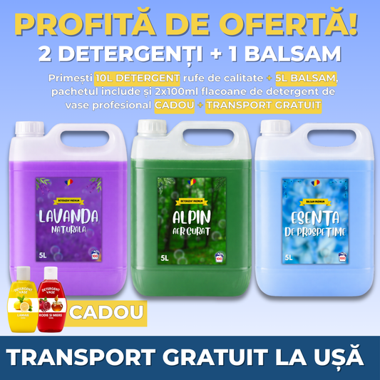 Detergent Lavandă 5L, Alpin 5L, Balsam Esență Prospețime 5L + CADOU