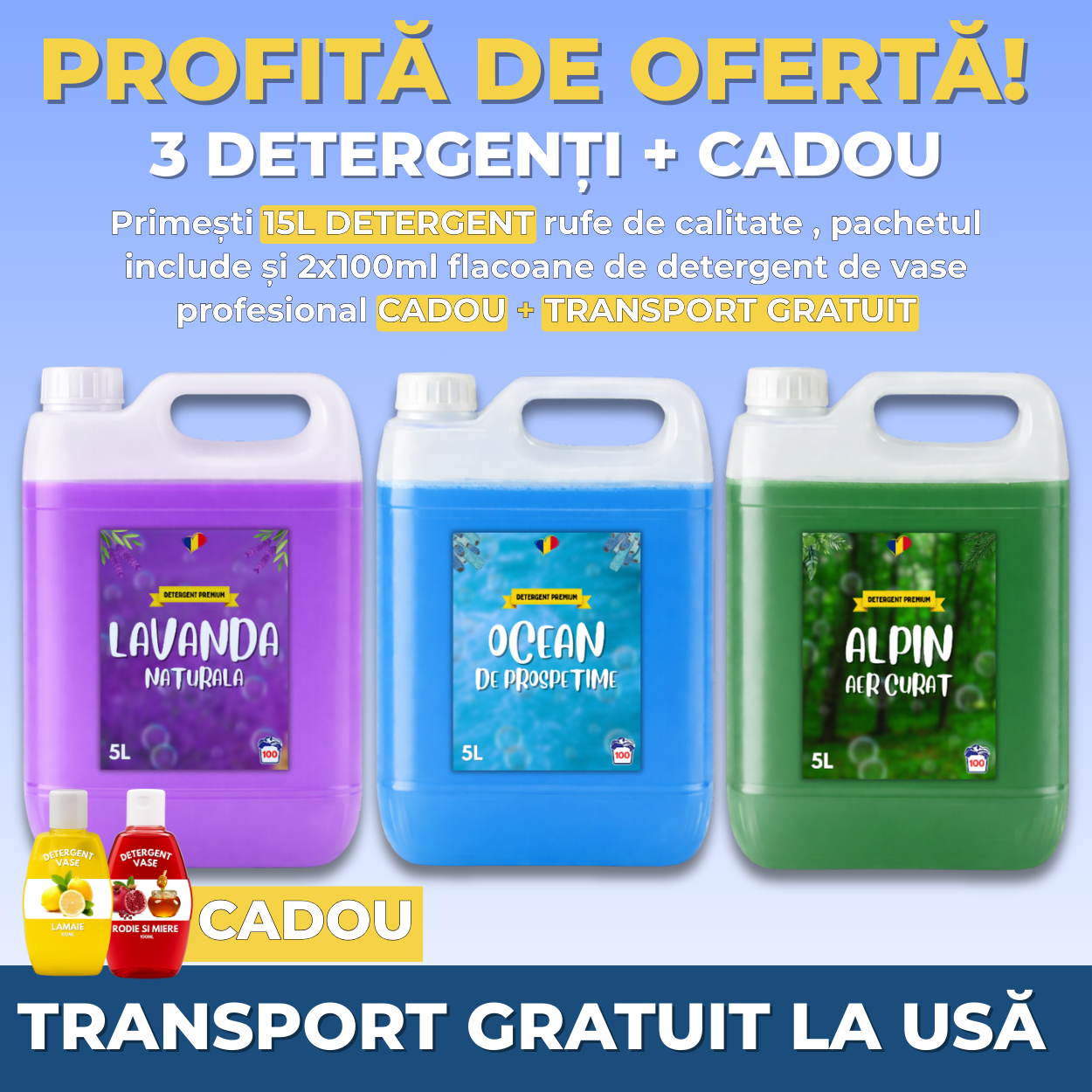 Detergent Lavandă 5L, Ocean 5L, Alpin 5L + CADOU