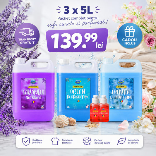 Pachet 15L - Detergent Lavandă 5L, Ocean 5L, Balsam Esență Prospețime 5L + CADOU